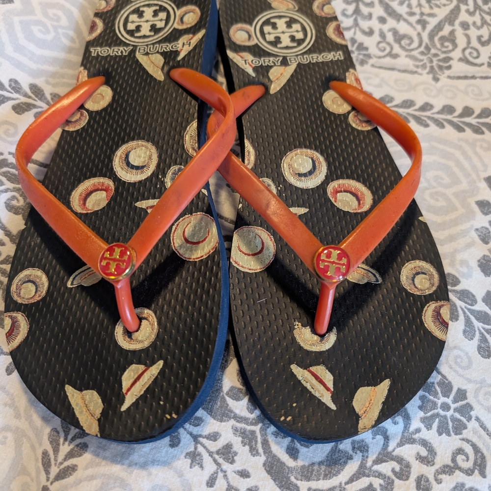 Tory Burch Black and Orange Flip Flops